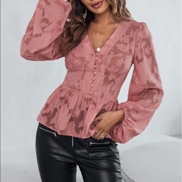 Romantic floral appliqué button detail peplum blouse redwood - Picture 14 of 16